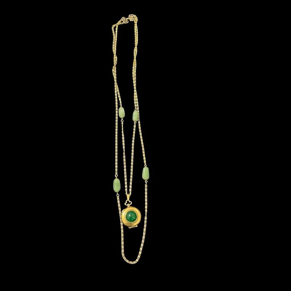 Vintage Goldette Lockett Layered Necklace Gold Tone Green Stone Glass Beads